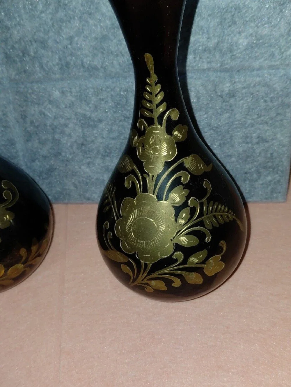 Black and Gold Floral Brass Vases - Set of 2